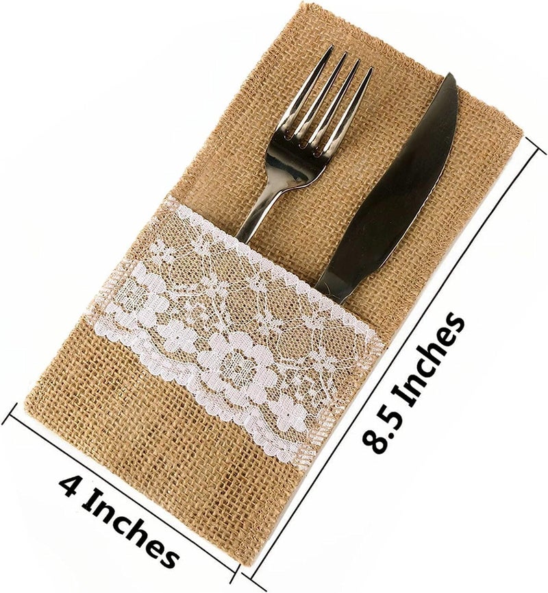 OZXCHIXU TM 100 Pack Natural Burlap Cutlery Holder Pouch Bag 4x8.5 Inch with Lace Silverware Napkin Holders Wedding Party Bridal Shower Table Setting Table Decoration - Image 3